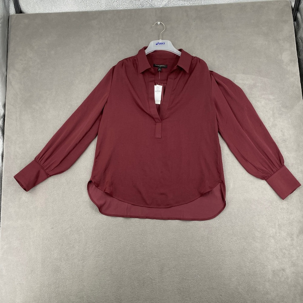 Banana Republic Womens Small Burgundy V-Neck Puff Sleeve Blouse NWT 715659-15-1